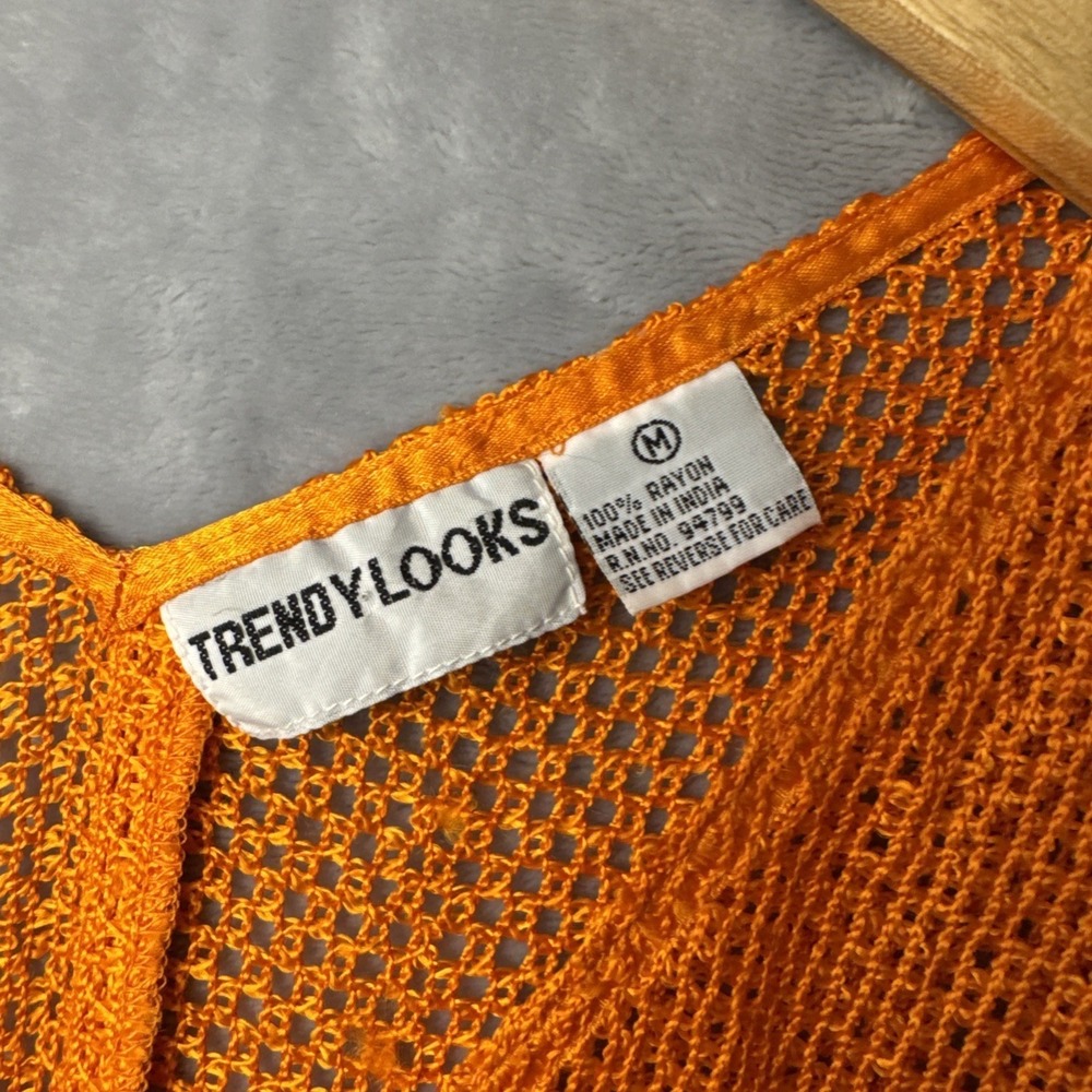 Y2K Trendy Looks Mesh Knit Tunic Women Medium Orange V-Neck Rayon Coverup - Picture 4 of 13
